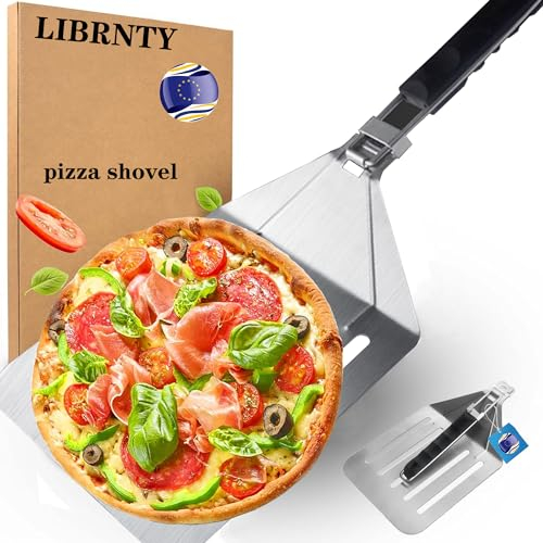 LIBRNTY Pala pizza horno,Pala para Pizza de acero,Pala para Pizzas perforada,Pala para pizza de acero inoxidable 430,para Transferir Pizza con asa Plegable para Barbacoa Cocinar Pizzas,Pan