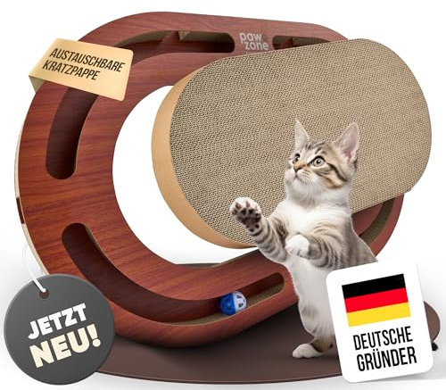 PAWZONE Kratzbrett - beidseitig nutzbar + Pappe austauschbar - inkl. Katzenspielzeug - hochwertige XXL Kratzpappe in stabilem MDF - Kratzmatte - Katzenzubehör - Kratzmöbel Katze - Cat Scratcher