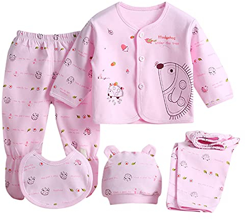 AMDOLE Today 2023 5PCS Ensembles Bébé Fille de Vêtements en Coton pour Bébés Garçons et filles Nouveau-nés de 0 à 3 mois, Comprenant des Hauts, un chapeau, un pantalon et une tenue assortie