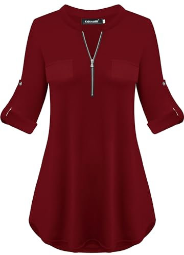 Odosalii Tunic Tops for Women UK, Long Sleeve Tops Women Red T Shirt, Plus Size Tops Casual Elegant Tunic Loose Fashion Shirts