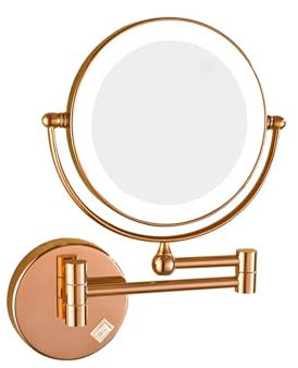BIJOOT 8 20Cm Wandmontierter Doppelseitiger Spiegel LED Badezimmer Teleskop Makeup Spiegel Schönheitsspiegel (Verdeckte Installation),Rose Gold,3X