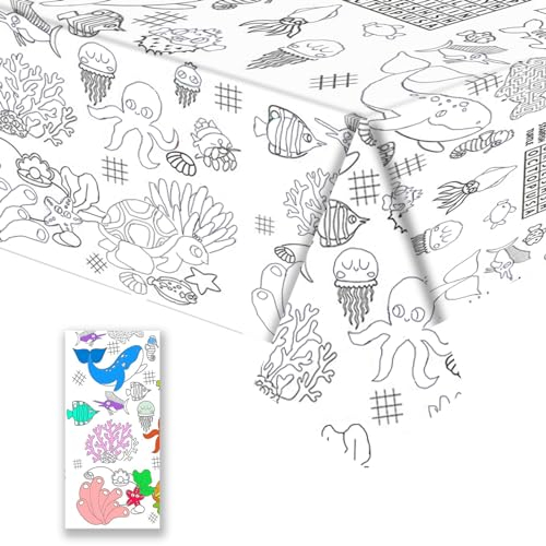 Tischdecke zum Ausmalen,137x274cm Papiertischdecke zum Ausmalen,Bemalbare Tischdecke Ozean,Ausmal Tischdecke,Deko Kindergeburtstag,Kreative Kinderbeschäftigung,Ausmalen Tiere,Mal Mich Bunt