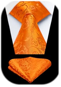 HISDERN Herren Krawatte Hochzeit Orange Paisley Krawatten Taschentuch Blumen Elegant Klassisch Krawatte & Einstecktuch Set