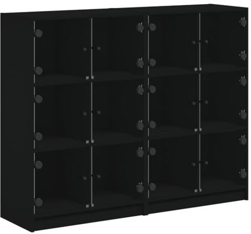 vidaXL Black Engineered Wood Bookcase with Glass Doors - Modern Highboard Bookshelf Cabinet Ideal for Living Room, Office Storage