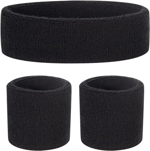 QHFlashbuy 3 Pezzi Fascia Sportive Set,Elastico Sport Fascia per Capelli e Polsino di Sport,Fasce Di Sudore Cotone Bande di Sudore per Accessori Sportivi da Corsa Fitness