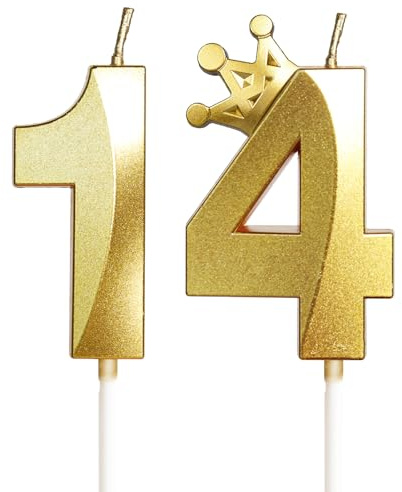 Yiran 14, 5cm 3D Gold Geburtstagskerzen mit Krone, Kerzen für Geburtstag, Hochzeit, Jubiläum, 2 Stück, Unparfümiert