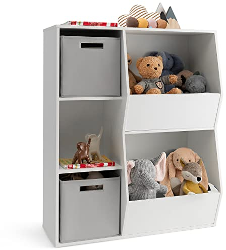 COSTWAY Bücherregal Kinder, 3-stöckiges Kinderregal mit 2 Boxen & 5 Fächern, Spielzeugregal Aufbewahrungsregal aus Holz für Kinderzimmer Schlafzimmer, 77 x 29 x 94cm (Weiß+Grau, 5 Fächer)