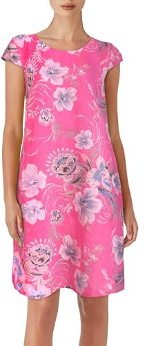 PEKIVESSA Leinenkleid Damen Knielang Blumenmuster Kurzarm Pink 46 (3XL)