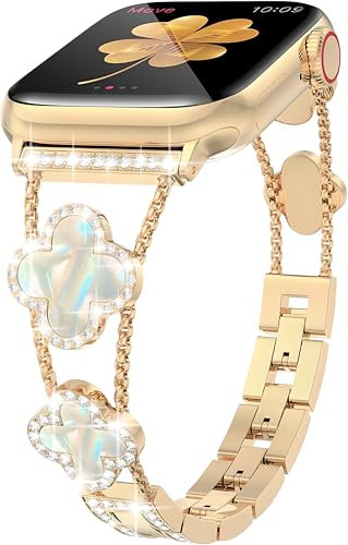 Women Bling Diamond Lucky Clover Band Compatible with Apple Watch Strap 38mm 40mm 41mm 42mm 42mm 45mm 46mm Series SE 10 9 8 7 6 5 4 3 2 1, Sparkle Diamond Bracelet Wristband, Dressy iWatch Band