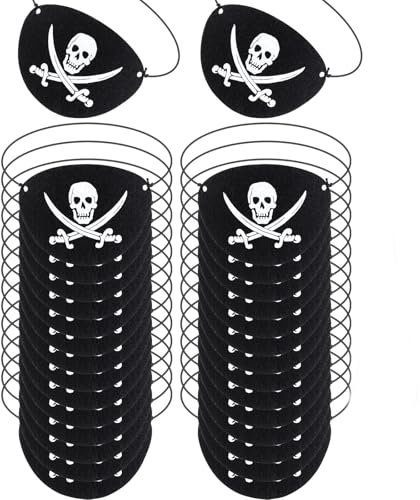 Cache Oeil Pirate,24 PCS Patchs pour les Yeux de Pirate Réglable Patch d'oeil Masque Cache-Oeil pour Halloween en Feutre pour Adultes Enfants Cosplay Fête Mascarade Accessoires