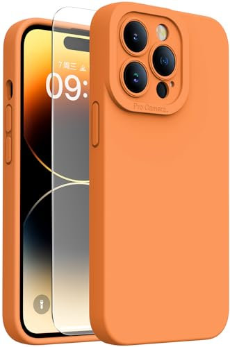 Kiresen Magnetic for iPhone 14 Pro Case with Screen Protector - Wireless Charging Compatible - Upgraded Camera Protection - Silicone Protective Phone Case for iPhone 14 Pro - Papaya Orange