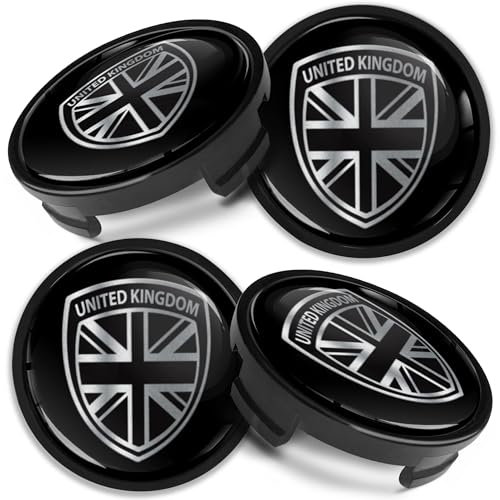 Biomar Labs 4 x 54 mm Wheel Centre Alloy Hub Center Caps Compatible with Ford Hubcaps Rim Cover UK Flag Union Jack Silver Black CF 1