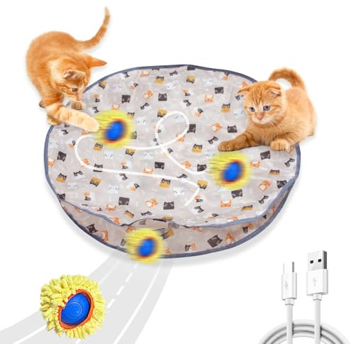 MERNEUO 2 in 1 Interactive Cat Toy - Ball Fast Rolling in Pouch, Motion Activate Chirping Dog Toy Hide and Seek Mouse Catching Game,Hiding Cover Exercise Toy