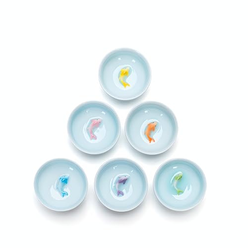 Yixing - Juego de 6 tazas de té hechas a mano con diseño de pez koi colorido de celadón, taza de té chino Gongfu, taza de té japonesa, juego de vasos de chupito coreano Soju (tazas Koi)