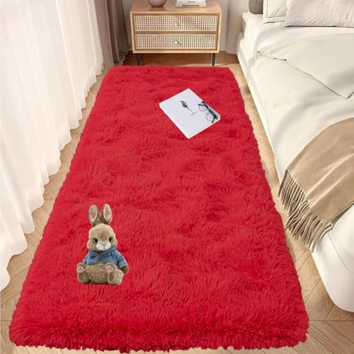 GOUTUI Home Teppich 50 x 150 cm Anti-Rutsch Unterseite Moderner Teppich Pflegeleicht Und Einfarbig für Schlafzimmer Kinderzimmer Wohnzimmer, Rot