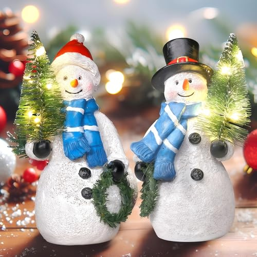 2 Stücke Schneemann Winterdeko innen Led Weihnachtsdeko Weihnachtsfiguren,Harz Schneemann Figuren - Weihnachtsdekorationen Indoor Schneemann Dekorative Ornament Winterurlaub Dekoration. (Weiß+Blau)