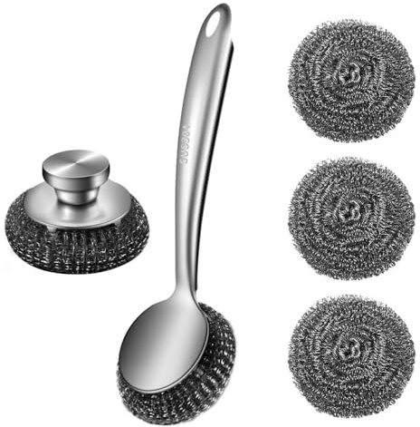 Cepillo de lana de acero, limpiador de ollas de cocina de acero inoxidable con mango y 3 almohadillas de alambre de repuesto para limpiar platos, parrilla y fregadero
