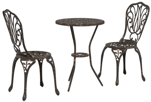 vidaXL Bronze Cast Aluminium Outdoor Bistro Set - Round Patio Dining Table & Chairs for Balcony/Garden - Weather-, Decorative Scroll Pattern, Elegant Cabriole Legs, Compact Design