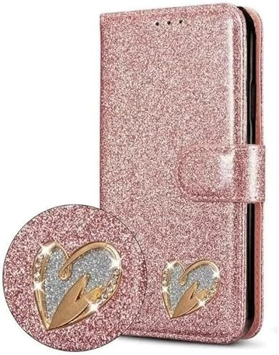 KK KENIK Case For iphone 11,Luxury Bling Glitter Flip Leather Wallet Case, Diamond Heart,Card Slots,For iphone 11 Cover (Rose Gold)