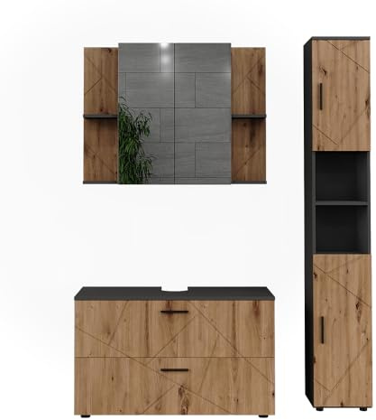 Vicco Badmöbel-Set Irma, Anthrazit/Goldkraft Eiche, 100.1 cm | besteht aus Waschbeckenunterschrank, Spiegelschrank und Hochschrank