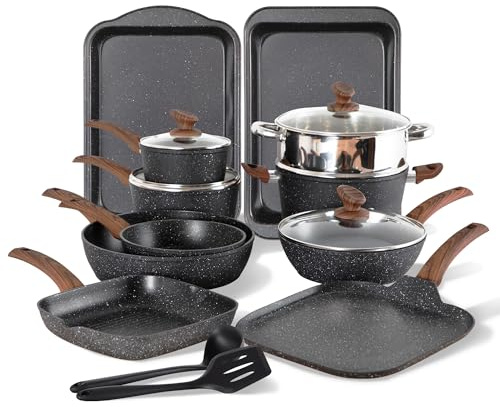DishDelight Pots and Pans Sets Non Stick Induction Hob Pan Set 17pcs Saucepan Set with Lids Granite Cookware Nonstick Cooking Pot Frying Pan
