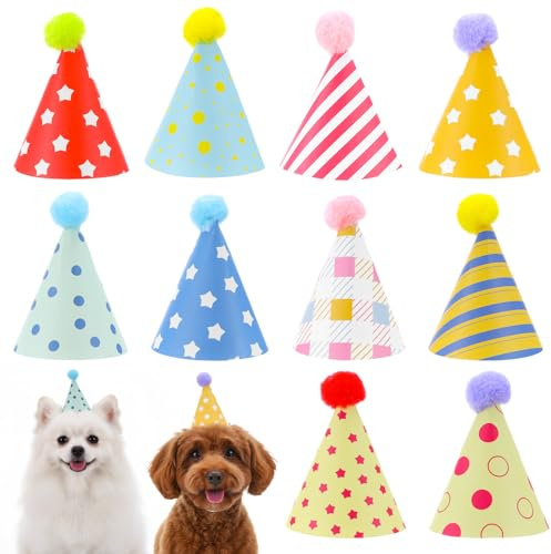 Tucnoeu 10 mini cappelli colorati per feste, graziosi cappelli da festa per animali di peluche con pompon per gattini, conigli, cani e animali di peluche, cappello a cono regolabile per compleanni e