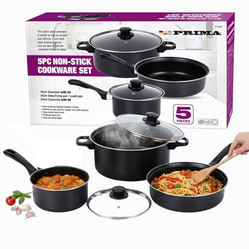 5 Piece Non Stick Cookware Set – Carbon Steel Pots & Pans with Glass Lids – 18cm Saucepan, 24cm Deep Frying Pan & 24cm Casserole – Durable, Easy Clean, Heat Resistant Handles