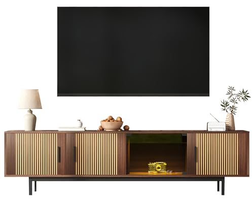 muenfly Meuble TV moderne bas avec application LED et façade en verre - 200 cm - Éclairage intelligent - Meuble TV en verre trempé - Design fin