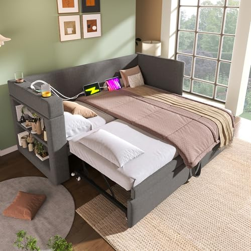 ZIDEY Tagesbett 90x190, Daybett, Einzelbett Schlafsofa mit Getränkehalter & USB, ausziehbarem Bett, Ausziehbett mit Lattenrost, Gästebett, Ohne Matratze, Grau