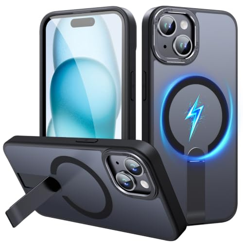 Imuruktek Invisible Stand for iPhone 15 Plus Case/iPhone 14 Plus Case Black | Ultra Magnetic Fit for MagSafe, 16FT Military-Grade, Shockproof TPU Bumper, Anti-Scratch, Matte Translucent Slim Phone Cover