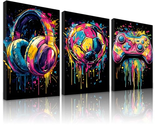 milaosk 3er Leinwand Gaming Wandbilder mit Rahmen Poster Kunstdrucke Bunte | Graffiti Game Controller Fußball Kopfhörer Bilder für Teenager Jugendzimmer Zimmer Spielzimmer Deko 12x16 Zoll