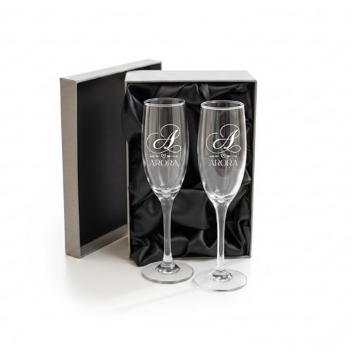 ukgiftstoreonline Personalised Initial Champagne Flute Glasses, Laser Engraved, Wedding Gift, with Silk-Lined Grey Gift Box