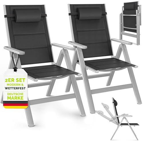 tillvex® Gartenstuhl Hochlehner 2er Set mit Armlehnen & Kopfkissen | Klappstuhl 7-fach Verstellbar inkl. Polsterung | Campingstuhl Klappbar, Wetterfest & Atmungsaktiv | Gartenstühle Aluminium