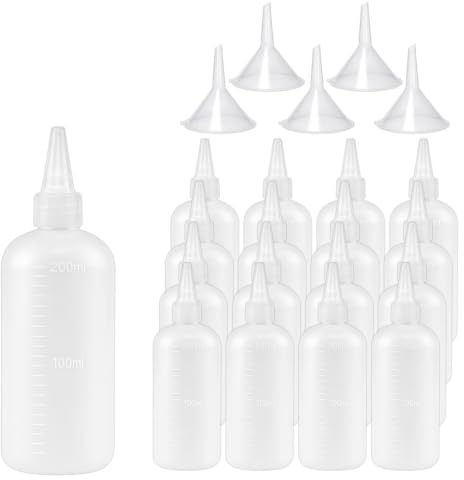 SPOKKI 15 Pack 200ml Squeeze Bottles with Funnels, Labels for Sauce, Oil | Reusable clear plastic squeezy bottles with nozzles, leak-proof and easy-fill for ketchup, BBQ, paint, DIY crafts