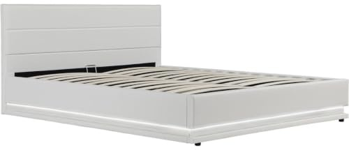 Habitat et Jardin - Lit Double LED Anastasia en Simili Blanc avec Coffre Rangements 160 x 200 cm | Cadre de Lit 2 Places Design | Sommier à Lattes et Tête de Lit Inclus