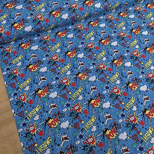 1 Meter türkisblauer POW! Smash! Polycotton-Popeline-Stoff, bunt, Cartoon/Comic, Marvel-Superhelden-Jungen-Nähhemden/Kleiderstoff
