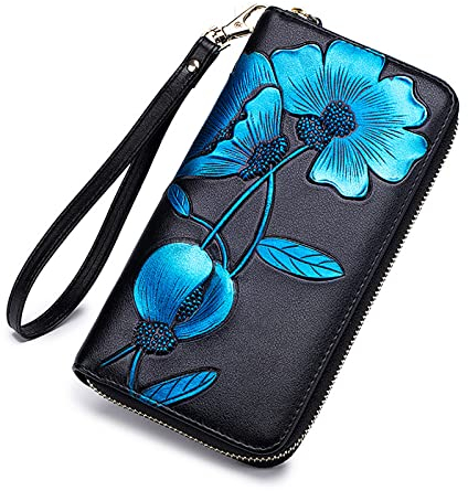 FORRICA Damen Geldbörse Leder Lange Brieftaschen Gross Rindleder Damengeldbörse Portemonnaie Frauen RFID Schutz Damen Reißverschluss Portmonee Blau