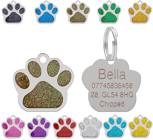 Personalised Engraved Pet Tag for Pets | Vibrant Paw Print Shape Glitter Stainless Steel ID Tags for Dog & Cat | Anti-Lost for Puppy, Kitten Etc | 27mm Wide (Brown)