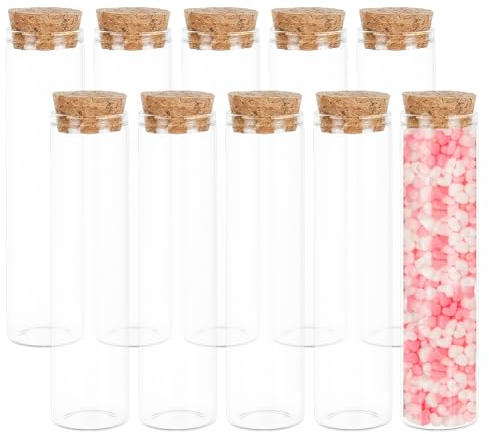 BENECREAT ART10 Stück 60 ml Glas-Reagenzgläser mit Korkverschluss, transparent, flach, Mini-Glasflaschen, Gläser für Hochzeit, Party, Süßigkeiten, Gewürze, Perlen, Muttertag, Heimdekoration