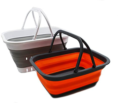 SAMMART 9.2L & 19L Faltbare Wanne mit Griff - Tragbarer Picknickkorb/Krater für den Außenbereich - Faltbare Einkaufstasche - 2 Stück (Orange & Grau)