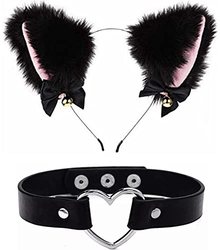 Kiwochy Katzenohren Haarreif Fuchsohren Stirnband Cat Ears Headband Katze Ohr Stirnband Haarband mit Herz Choker Halskette Katzen Haarreif Katzeohren Anime Katze Cosplay für Kinder Erwachsene Schwarz