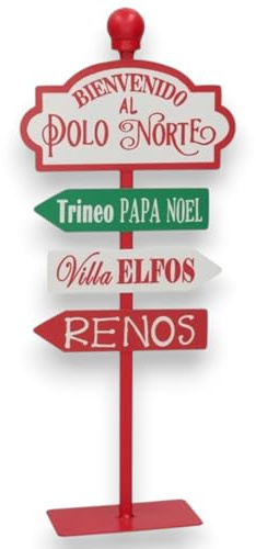 Cartello Natalizio “Bienvenido al Polo Norte” in Legno e Metallo – Segnale Decorativo da Interno per Casa o Vetrina – Decorazione Natalizia con Scritte Festive Trineo, Elfi e Renne – KORAT