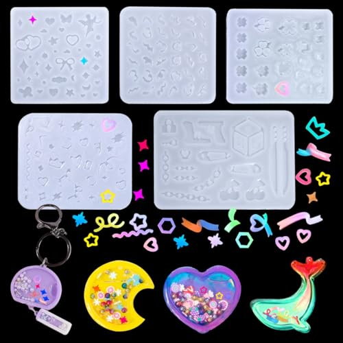 DeryArcle 5Pcs Resin Shaker Filler Moulds, Tiny Filling Materials Silicone Moulds for Quicksand Crafts, DIY Resin Keychain Charms Pendants Necklaces