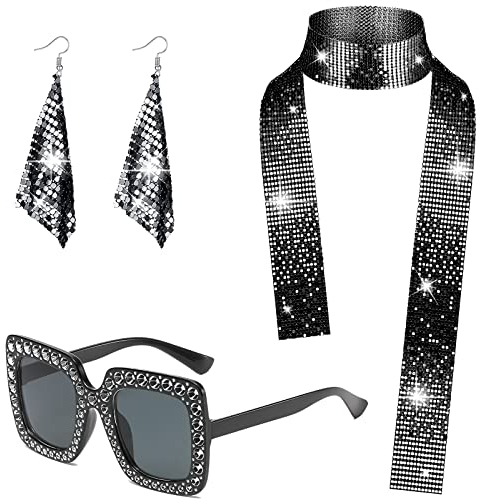 HEAWAA 3 Stück Disco Accessoire für Damen, 70er 80er Kostüm Zubehör Set mit Glitzer Schal Strass Sonnenbrille Ohrringe 1970er Outfit für Mädchen Fasching Karneval Themed Party Supplies…