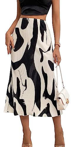 GORGLITTER Women's Pleated Graphic Bodycon Pencil A Line Midi Skirt | High Waist, Pleated Skirts for Women,floaty, Skater, Elegant, Summer, Work, Casual, Flowy, Long Skirts