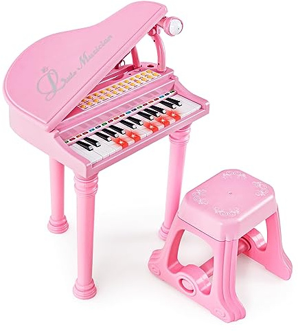 SOARS Klavier mit Schwanz, 37 Tasten, Musikspielzeug mit Hocker, multifunktionales Kinderpiano mit Mikrofon und Lichtern zur Führung des Unterrichts, mit Karaoke-Modus, für Kinder ab 3 Jahren (Rosa)