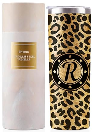 Onebttl Personalised Leopard Print Cup With Initial - Unique Gifts for Women - Birthday, Christmas Ideas - 591ml Vacuum Tumbler With Lid and Straw - Glitter - R