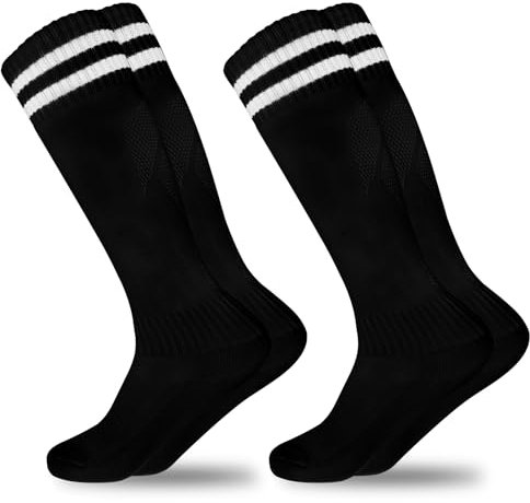 GRPSKCOS Kinder Fußball Socken, 2 Paar Fußballstutzen kinder Sport Mädchen Jungen Fußball Kniestrümpfe Kniestrümpfe Kleinkind Streifen Schuluniform Strümpfe(#3 Schwarz,6-12 Jahre