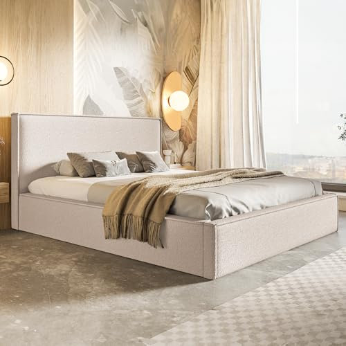 MOTIVENA Boho Polsterbett 160x200 mit Bettkasten, mit Stauraum, Bett Kopfteil Boucle, ohne Matratze, Bett Boucle, Beige