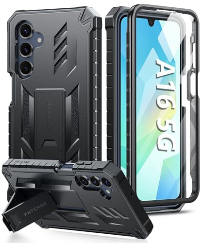 FNTCASE Für Samsung Galaxy A16-5G Hülle: Samsung A16 4G Handyhülle mit Ständer Stoßfest Militärische Schutzhülle Zweilagig Vollständiger Schutz langlebig Matt Strukturiert Sturzsicher 6,7 Zoll Schwarz